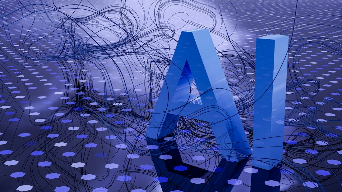 Abstract blue 3D letters AI over flowing data lines